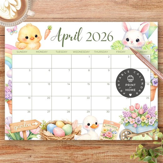 PRINTABLE Monthly Calendar, April 2026 Instant PDF Download, Spring Animals, Easter, Garden, Flowers, Kids School Schedule, Classroom - Etsy UK