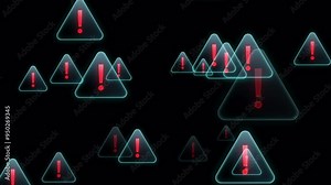 Animation warning symbol moving forward isolated on transparent background in 4K alpha channel. Triangle warning signs moving forward with seamless loop movement