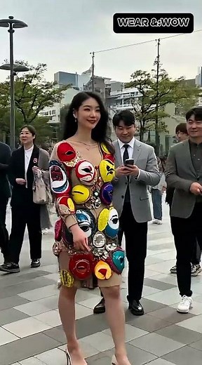 Model Wears Masquerade Mask Top in Tokyo Square | Creative Street Fashion