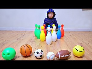 Learn Different Sport Ball Names with Color Bowling Pins for Children