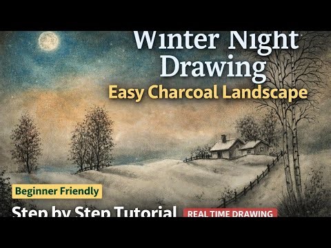 Peaceful Winter Night Landscape Drawing 🌙 | Easy Charcoal Art Tutorial.