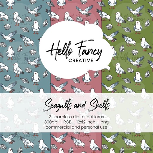 Seagull & Seashell Coastal Pattern – Mid Tone Beach Bird Seamless Design – Fabric Digital Download - Etsy
