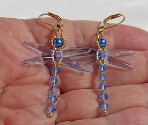 Hand Beaded Dragonfly Earrings: Light Blue Crystal Wings, Gold Accents - Etsy