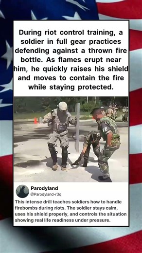 During riot control training, a soldier in full gear practices defending against a thrown #shorts