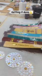 Hand cut glass mosaics on mesh. Setting into thinset mortar bed @laticrete Glass Tile Adhesive Lite tinted chocolate brown with Permacolor Select tints. Will grout with Laticrete permacolor grout in chestnut brown. WooHoo! I'm on the home stretch. #mosaicmural #glassmosaics #mosaicstudio #mosaiccommission LATICRETE International, Inc. | Mosaics Garden by Nancy Keating