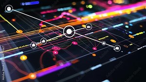 Complex manufacturing process visualized on a digital interface, showing interconnected nodes, data flow, and real time information, representing advanced automation and industry 4.0 technologies