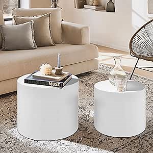 KEVINSPACE Nesting Coffee Table Set of 2, Modern Circle Accent Coffee Tables for Small Spaces, White End Table Wooden Side Table for Living Room, Bedroom, Balcony, Office