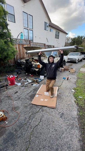 Ford 5.0l swapped Toyota Pickup get custom aluminum driveshaft!! This was expensive! But gotta transfer that torque somehow! #fabrication #custom #customcar #ford #mustang #tremec #toyota #trd #pickup #hilux #22r #driveshaft #carguy #truck #cargirl #fyp | Niles Lee