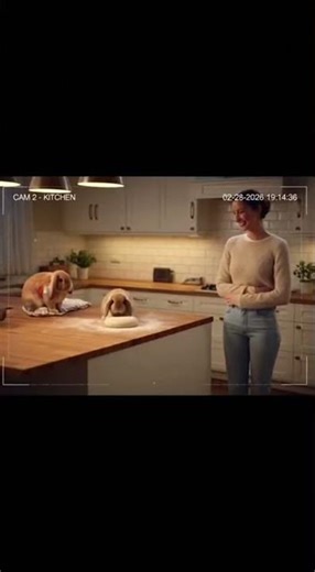 Cute Mini Lop bunny making dough with mom rabbit and a smiling woman