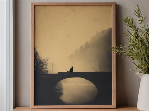 Minimal Black Cat on Bridge Wall Art – Japanese Inspired Sunset Landscape Print, Zen Decor - Etsy