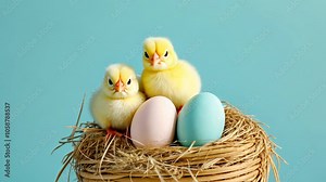 Two fluffy chicks sit in a nest with colorful eggs, symbolizing Easter and spring