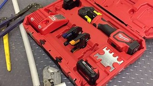 Super excited to take the very first look at the new Milwaukee Tool M18 Short Throw Press Tool #2674. No one else has one yet. Thanks, Milwaukee! This press tool is for the Viega PureFlow pex press fitting system, not for copper. The kit includes 1/2"-1" press jaws, (2) 2Ah batteries, multi-volt charger and a PureFlow jaw wear gauge. Tool weight loaded with the 1" jaw & 4Ah pack is 8.8lbs. Total length is 16" and it's about 3" wide. The press cycle is a super fast 3 seconds, jaw change is super 