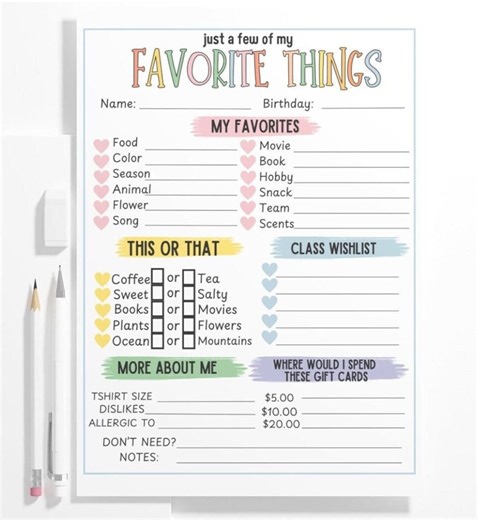 Teacher Favorite Things Questionnaire, Back to School Gift (printable) Letter and A4 - Etsy