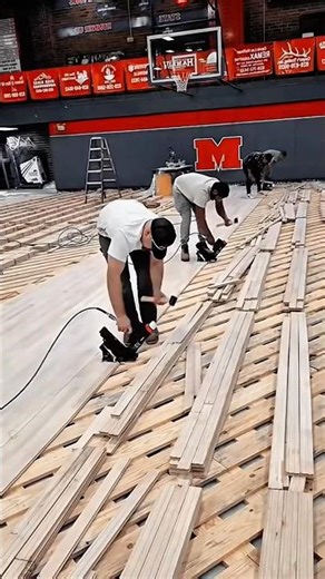 Gymnasium Hardwood Floor Installation Work Tool Using Pneumatic Flooring Nailer #worktool