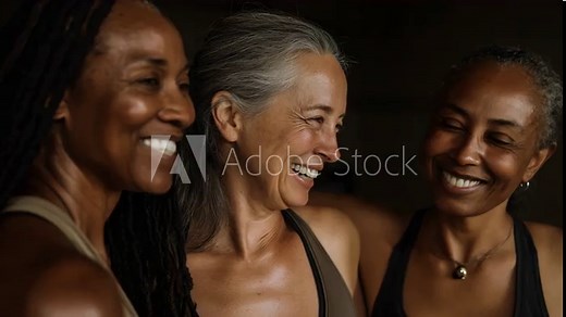 Three mature women laughing heartily, friends embracing each other, smiling and enjoying life, friendship and happiness concept, indoors