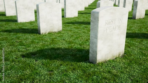 Endless Animation Of The Graveyard Marble Tombstones One By One Side View. White Marble Gravestones At The Green Grass Meadow Sunny Day Looping View At The Neverending Cemetery. Generative AI.