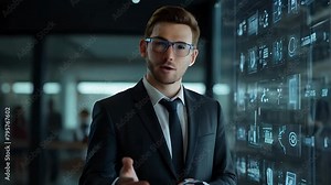 businessman wearing glasses delivering a speech to the camera while standing next to a futuristic screen displaying data, symbolizing technological innovation in the corporate world video animation