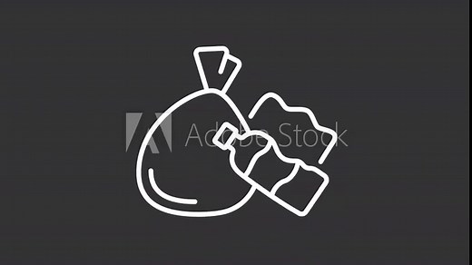 Animated garbage white icon. Waste management line animation. Trash bag and plastic bottle. Landfill. Isolated illustration on dark background. Transition alpha video. Motion graphic