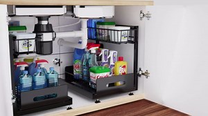 2 Pack Under Sink Organizers and Storage,Pull Out Cabinet Organizer,2-Tier Sliding Out Kitchen Basket Sink Shelf Cabinet Organizers Adjustable L Shape Counter Organizers for Bathroom Kitchen (Black)