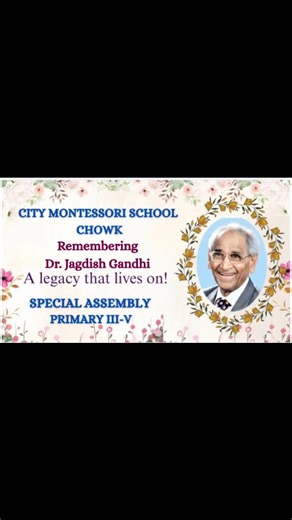 The Primary Students at our campus observed the death anniversary of our Founder, Dr. Jagdish Gandhi Sir, with a meaningful assembly. The programme featured a prayer, pledge and interfaith quotes highlighting Dr. Gandhi Sir's vision of universal brotherhood. Students presented soulful hymns, a special presentation on 'Dear Gandhi Sir - Letters to the World', and a skit on sustainable living, while sharing insights on Dr. Gandhi's legacy of peace, education, and humanity. The assembly concluded w
