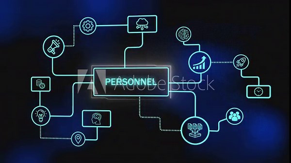 human resources and corporate staff network visualization. animated personnel and hr flowchart with glowing business icons. digital mind map of human resources concepts on a world map background.