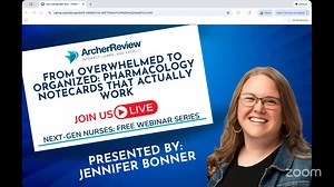 This fast-paced webinar shows future nurses how to create effective pharmacology notecards without wasting hours rewriting notes. Learn exactly what to include, how to organize meds by class, and how to study pharmacology in a way that supports real nursing practice. Ideal for busy nursing students who want practical tools they can use immediately. | Archer NCLEX Review