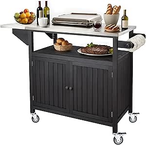 Outdoor Grill Table, Solid Wood Grill Cart with Storage, Outdoor Prep Table with Stainless Steel Top, XL BBQ Tables Cart, Movable Outdoor Grill Station for Outside Backyard Patio, Walnut