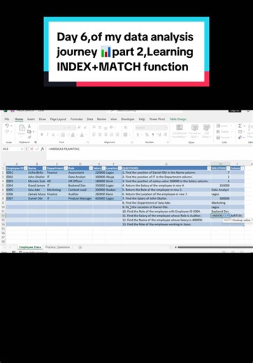 Day 6, Part 2.HAPPY NEW YEAR 🎆 Combining INDEX & MATCH using the same dataset. Breaking it down slowly so it makes sense. Open to tips as I learn 📊 #excelbeginner #indexmatch #excelfunctions #dataanalysisjourney #learninginpublic #techjourney #womenintech