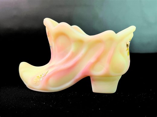 Vintage Fenton Glass Shoe Satin Custard Hand Painted Floral Slipper - Signed Artist Pink Yellow Original Decal Label Glowy Glass Collectible - Etsy