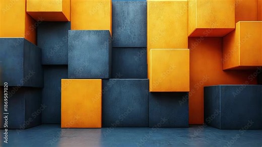 Orange and blue textured cuboids form a modern architectural 3d surface, creating a bold geometric pattern of depth, shadows and contrasting blocks for contemporary backgrounds
