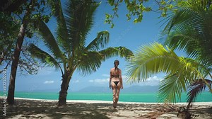 Beautiful woman relax tropical paradise beach on summer holiday vacation. Female in bikini walks along sandy beach in French Polynesia. Tall palm trees line shore, amazing exotic island wild nature.