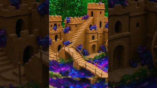 Cats explore a magical castle, while puppies enjoy the comfort of a warm house