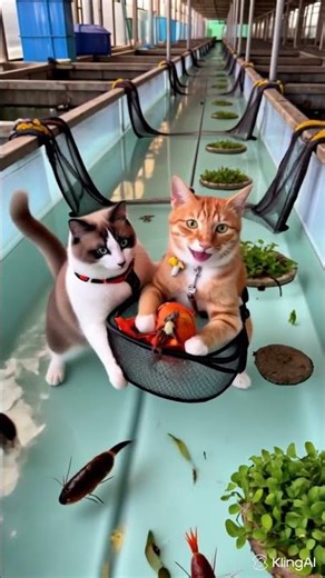 🐱🐱 Cats Sneak Into a Shrimp Farm… and Actually Catch One! 😂 #funnycat