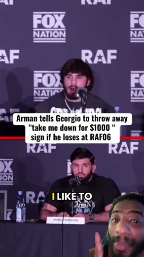Who you got ? 👇 Arman tells Georgia to throw away that “take me down for $1000” sign if he loses to him at #RAF06 #ufc #mma #georgiopoulis #armantsarukyan