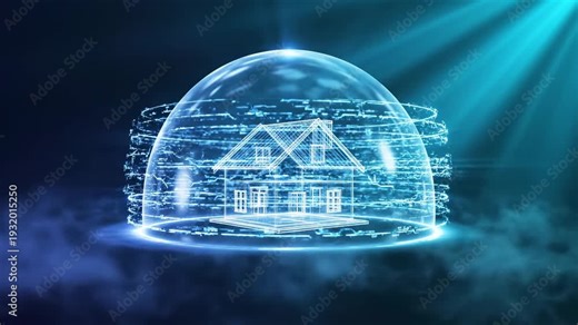 Abstract real estate security visualization based on house and shield imagery, a clean architectural wireframe house in soft light tones surrounded by a translucent energy shield dome, thin luminous