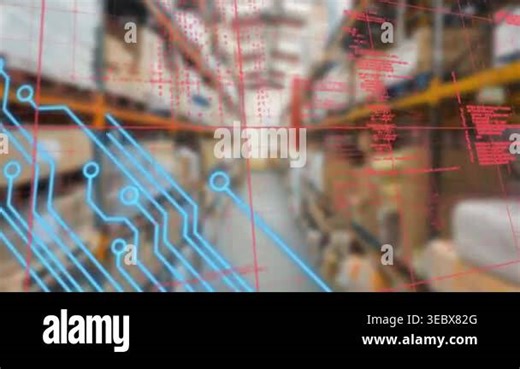 Animation of data processing and computer circuit board over warehouse. Global shipping, delivery and digital interface concept digitally generated video Stock Video Footage - Alamy