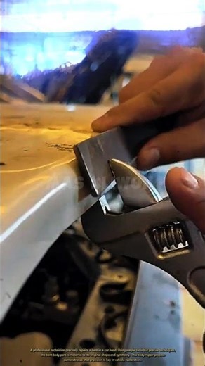 A professional technician precisely repairs a dent in a car hood.