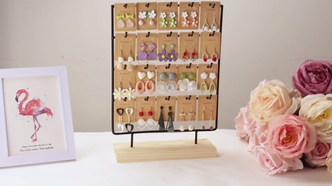 Earring Stand Display for Selling, Wood Earring Rack Tower Display Holder Stand with Card (4 Tier,20 Hooks, Black)