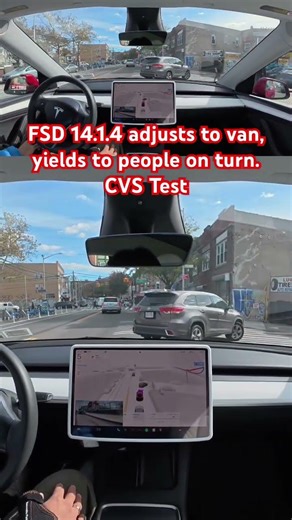 FSD 14.1.4 adjusts to van, yields to people on turn. CVS Test #teslafsd #fsdbeta #fsd