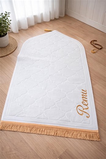 Personalised Islamic Prayer Mat – White With Gold Glitter Name | Luxury Muslim Prayer Rug | Eid or Ramadan Gift for Him & Her - Etsy
