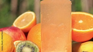 Effervescent tablets in a glass of water. Soluble multivitamins. Close-up video of a glass with bubbles on the background of nature and fruits Stock Video
