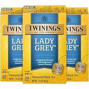 Twinings Lady Grey Tea - A Fresh, Uplifting Black Tea with Orange Peel, Lemon Peel, and Natural Citrus Flavours, Caffeinated Tea Bags, Individually Wrapped, 20 Count (Pack of 3)