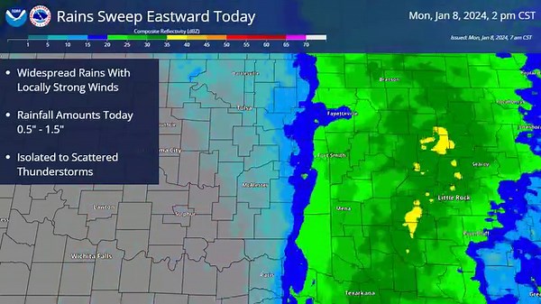 [7:40 AM 1/8/24] Widespread rains today with a few thunderstorms and locally strong winds. The video shows the estimated progression of the heavier rains with clearing from west to east through the day. | US National Weather Service Tulsa Oklahoma