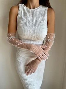 Pearl Tulle Bridal Gloves - Elbow Length Wedding Gloves (55cm) - Etsy Australia
