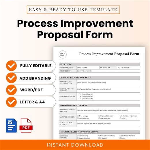Process Improvement Proposal Form Template – Word & PDF, A4 + US Letter - Etsy Canada