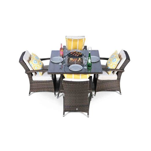 Arizona Fire Pit 4 Seater Square Rattan Dining Set - Brown