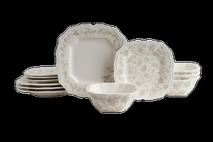 222 Fifth Batik Toile Taupe Porcelain 12-Piece Dinnerware Set, with Plates and Bowl, Service for 4