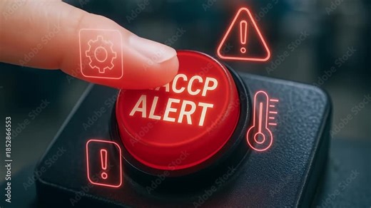 HACCP alert red button on black control panel with warning icons for temperature control and safety hazard, emergency alert button pressed symbolizing urgent food safety warning system