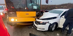 One person taken to hospital following crash involving school bus