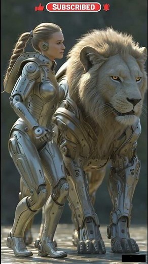 Futuristic Humanoid Female Riding on Cyber Lion | Sci-Fi Cinematic 4K #robotgirl #fuuny